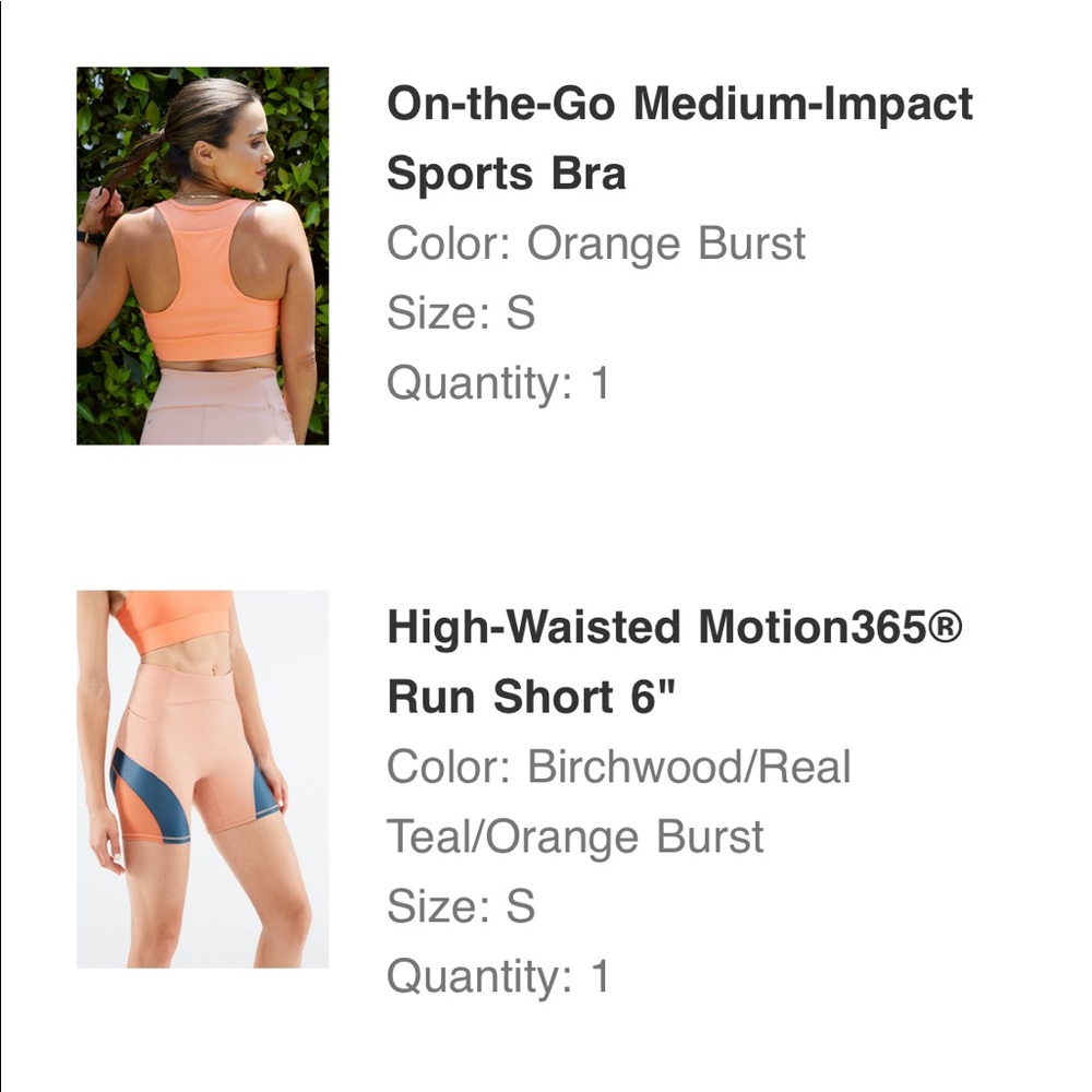 Fabletics set: coral biker shorts and orange sports bra